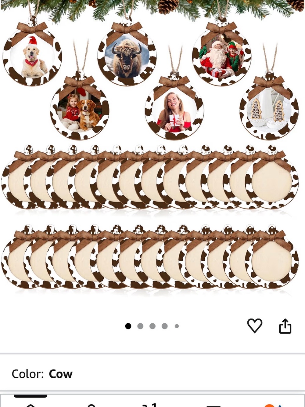 Cow Print Round Wood Photo Ornaments - Set of Holiday Tags